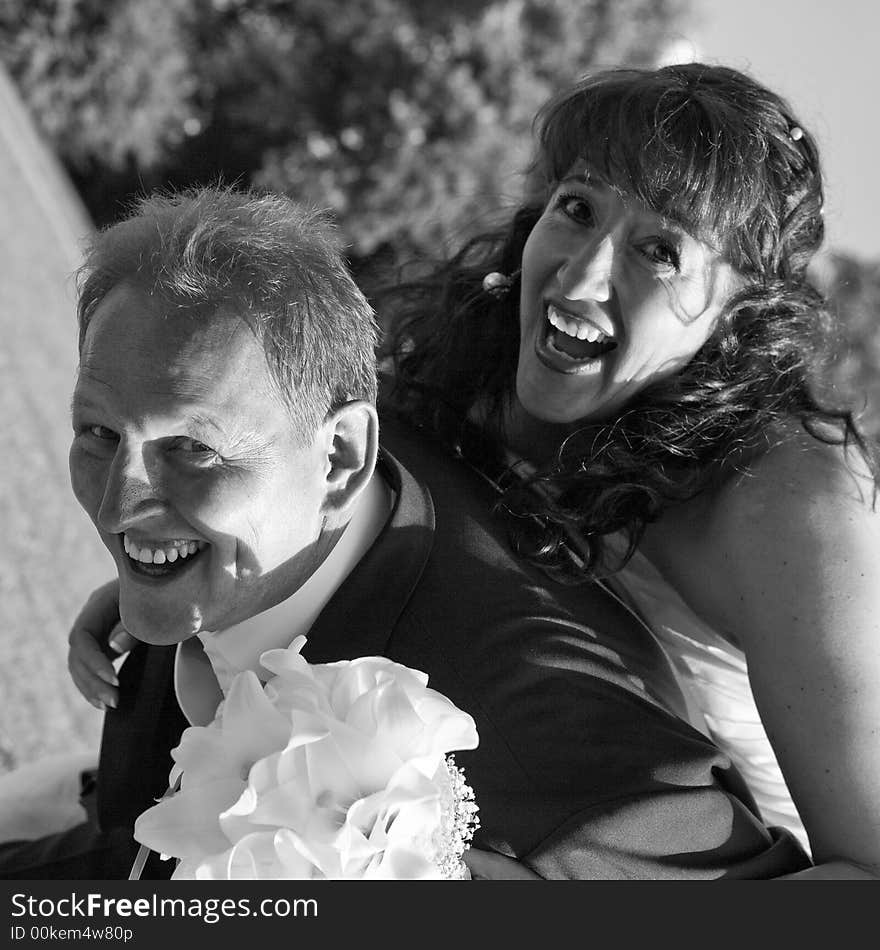 Happy bridal couple, bw