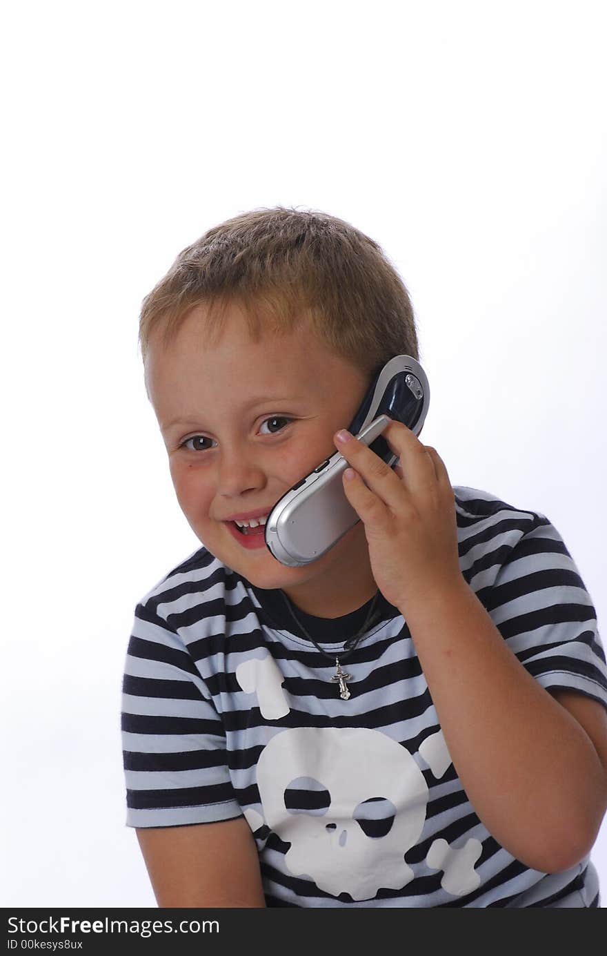 Young boy with phone on a isolated