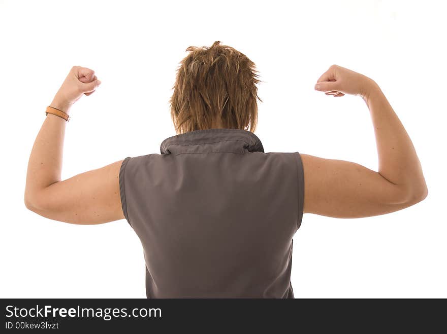 Rear view of woman flexing arm muscles. Rear view of woman flexing arm muscles