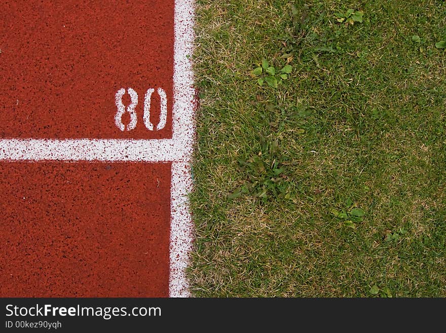 The 80 meter line of athletics running track. The 80 meter line of athletics running track