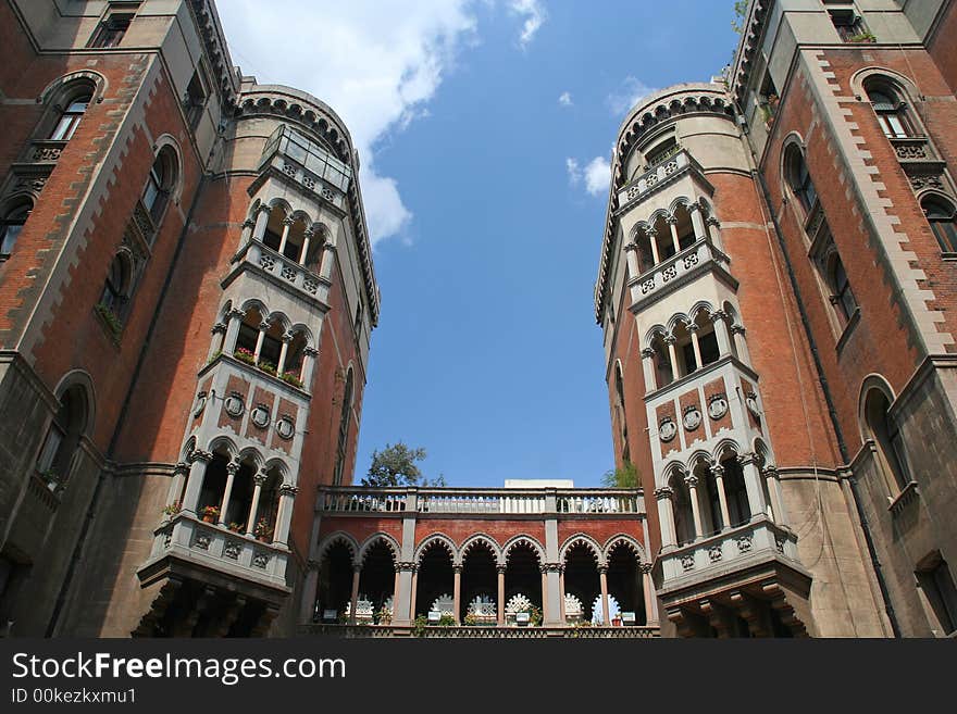 The bottom view on a symmetric historical building. The bottom view on a symmetric historical building