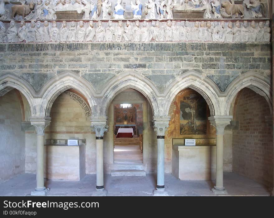 Narthex, entrance hall of the Vezzolano Christian abbey, Piedmont, Italy