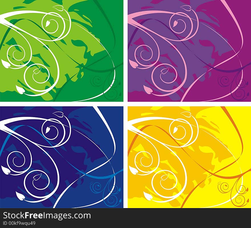 Four variants of a pattern from lines and waves and foliage of different color on a yellow, violet, green and dark blue background. Four variants of a pattern from lines and waves and foliage of different color on a yellow, violet, green and dark blue background