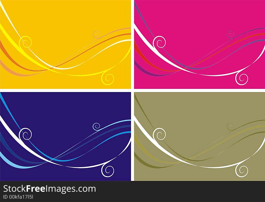 Four variants of a pattern from lines and waves of different color on yellow, pink, khaki and a dark blue background