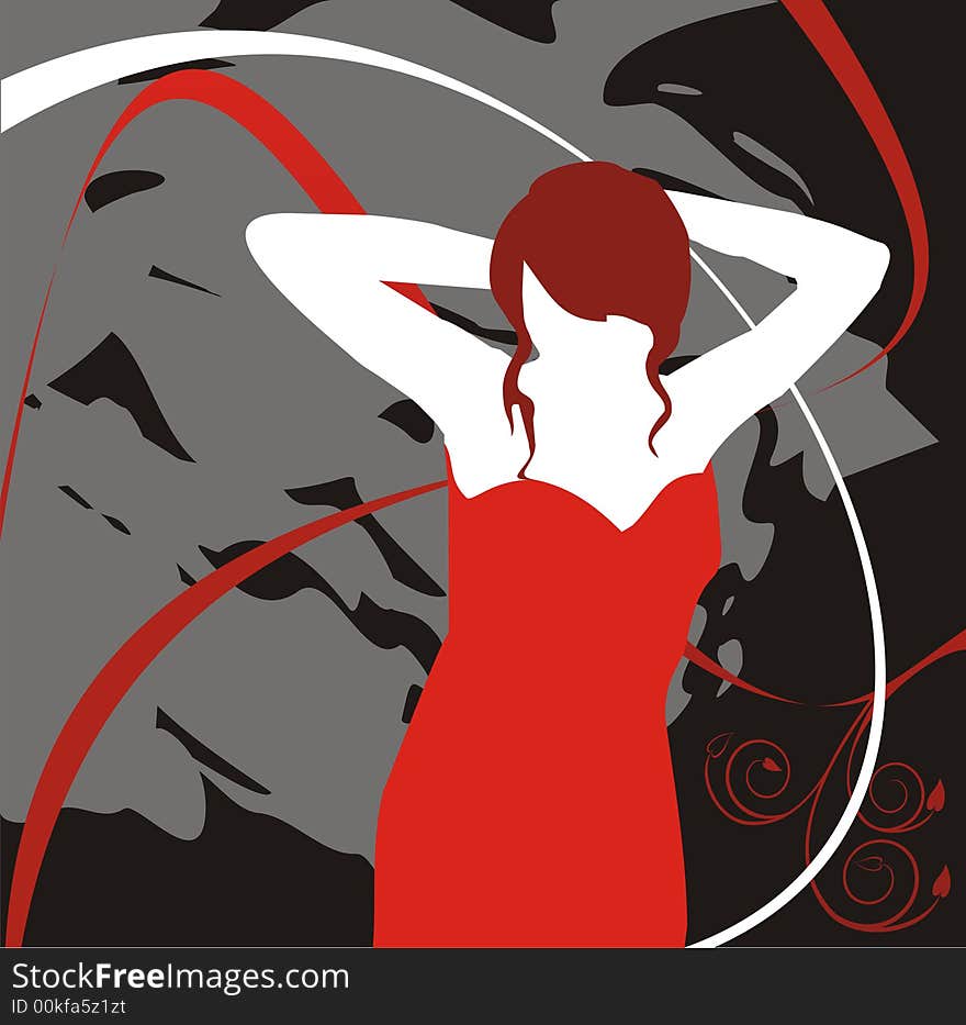 Figure of the girl in a red dress on a black background with red and white waves. Figure of the girl in a red dress on a black background with red and white waves