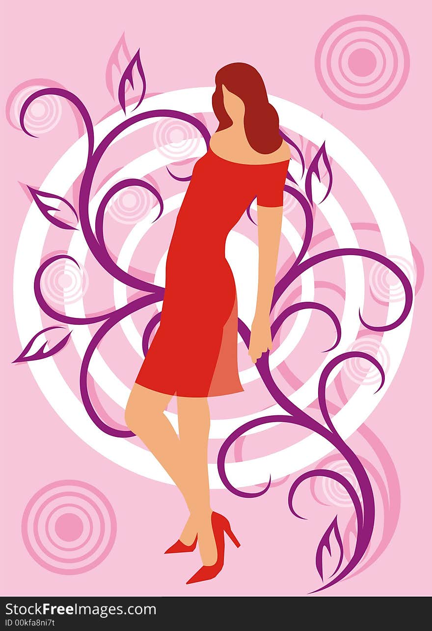 Figure of the girl in a red dress on a pink background with a lilac and white pattern