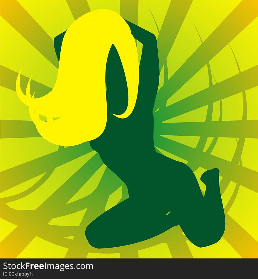 Green silhouette of the girl with yellow hair on a yellow background with strips