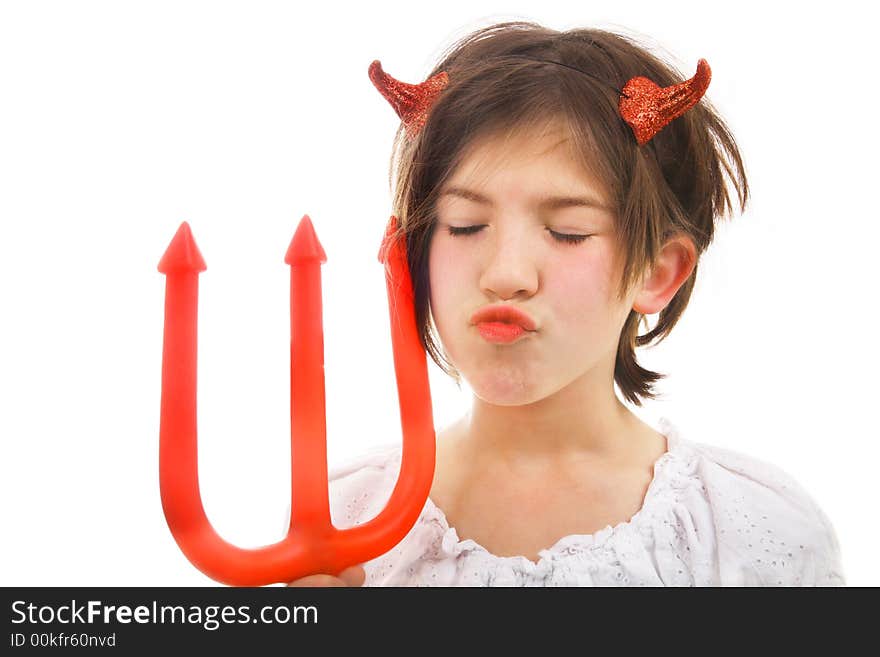 Cute Halloween devil girl giving a big kiss isolated on white. Cute Halloween devil girl giving a big kiss isolated on white