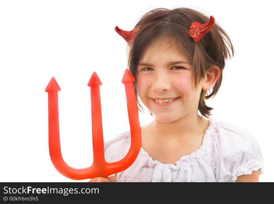 Cute Halloween devil girl with a very tricky smile isolated on white. Cute Halloween devil girl with a very tricky smile isolated on white