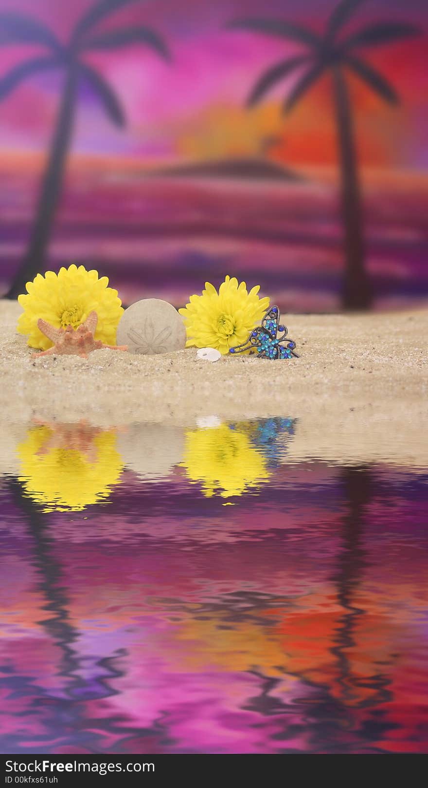 Flowers on Sand With Sunset Background, Background Was Painted By Me. Flowers on Sand With Sunset Background, Background Was Painted By Me