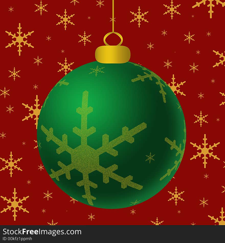 Single shiny green ornament with gold accents hanging against a red and gold snowflake background. Single shiny green ornament with gold accents hanging against a red and gold snowflake background.