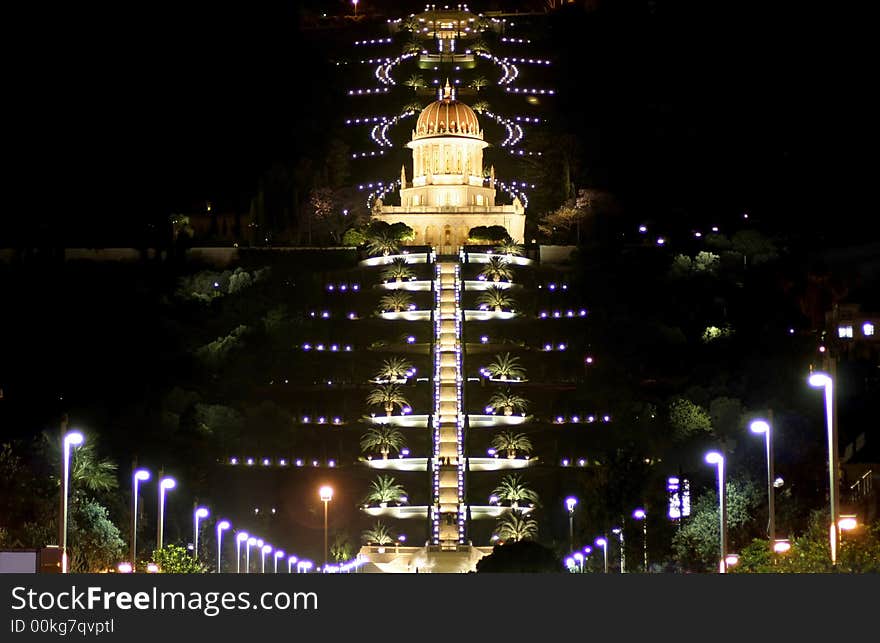 Haifa mosque and garden by night