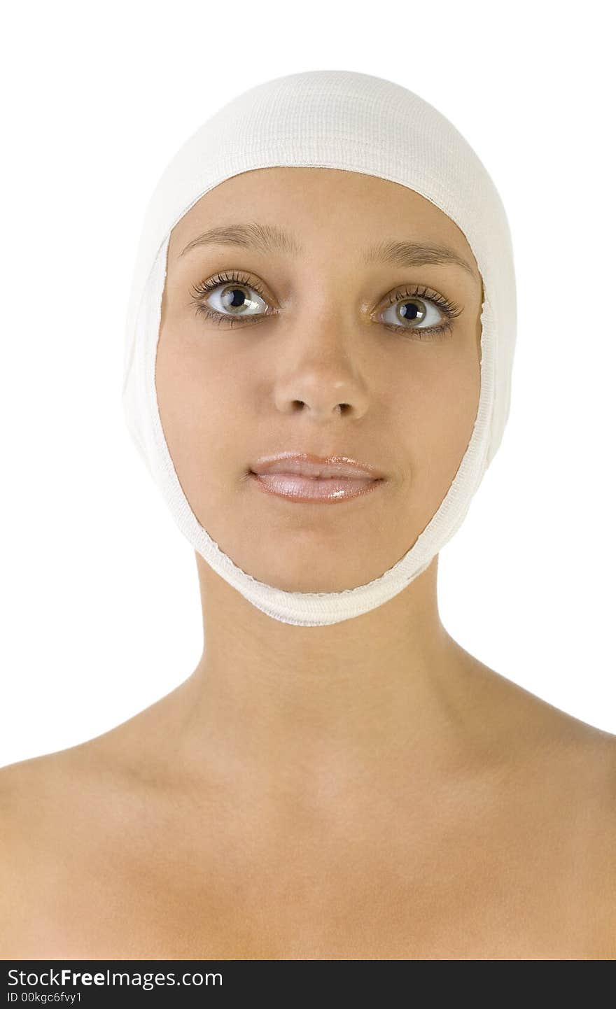 Young, beautiful woman with bandage on head. Smiling and looking at something. Front view, white background. Young, beautiful woman with bandage on head. Smiling and looking at something. Front view, white background