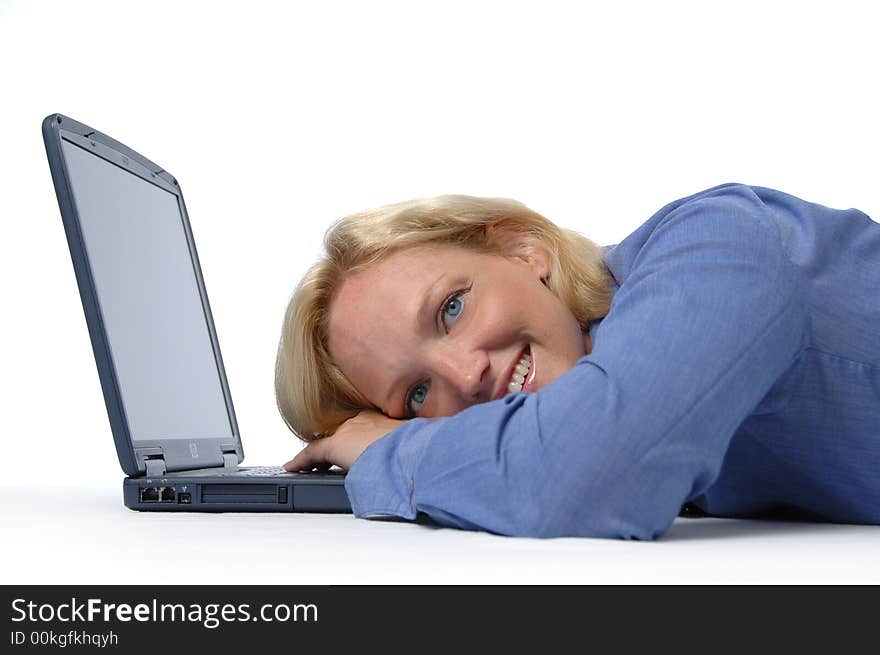 Attractive woman with a laptop on a white background