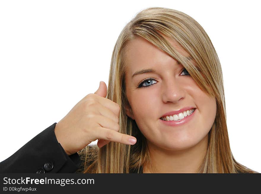 Beautiful teen girl close up with phone gesture on white