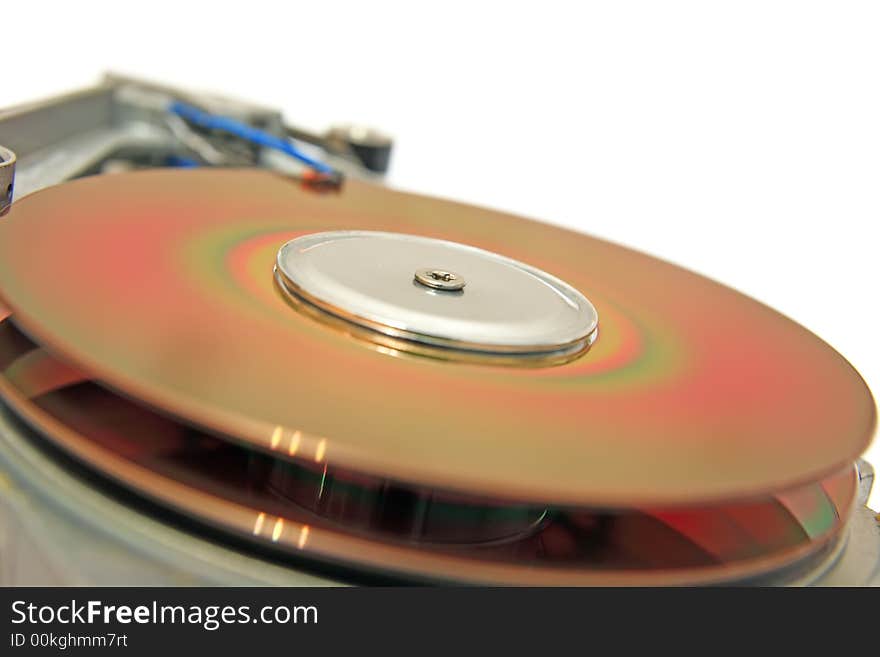 Close-up view of head and disk of HDD. Close-up view of head and disk of HDD