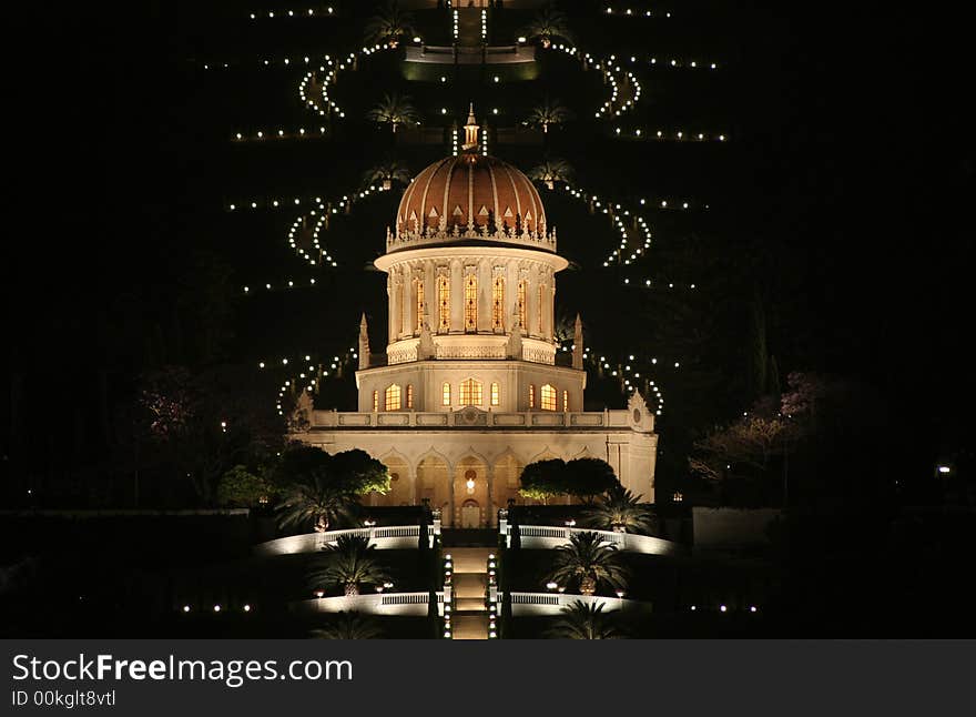 Haifa mosque and garden by night