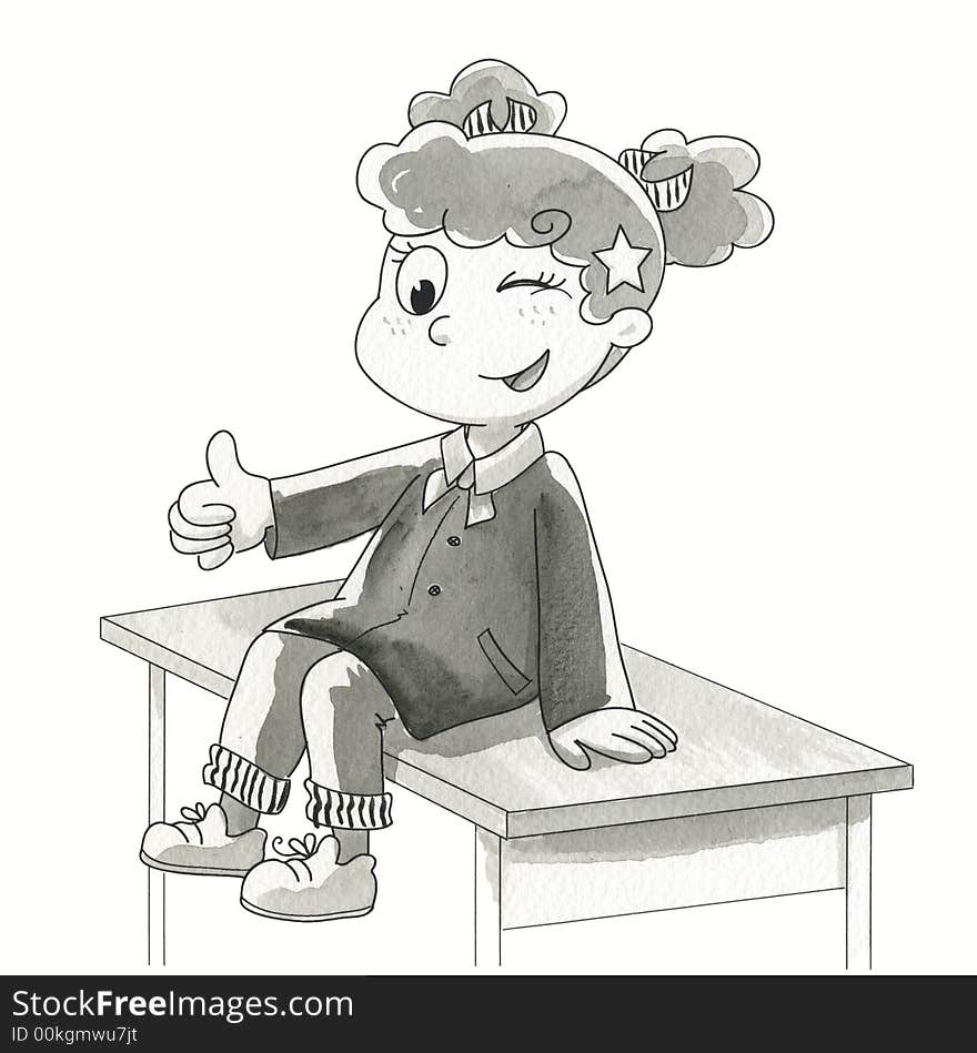 Smiling schoolgirl with finger up sitting on her desk. Hand made watercolor in grey-scale. Smiling schoolgirl with finger up sitting on her desk. Hand made watercolor in grey-scale