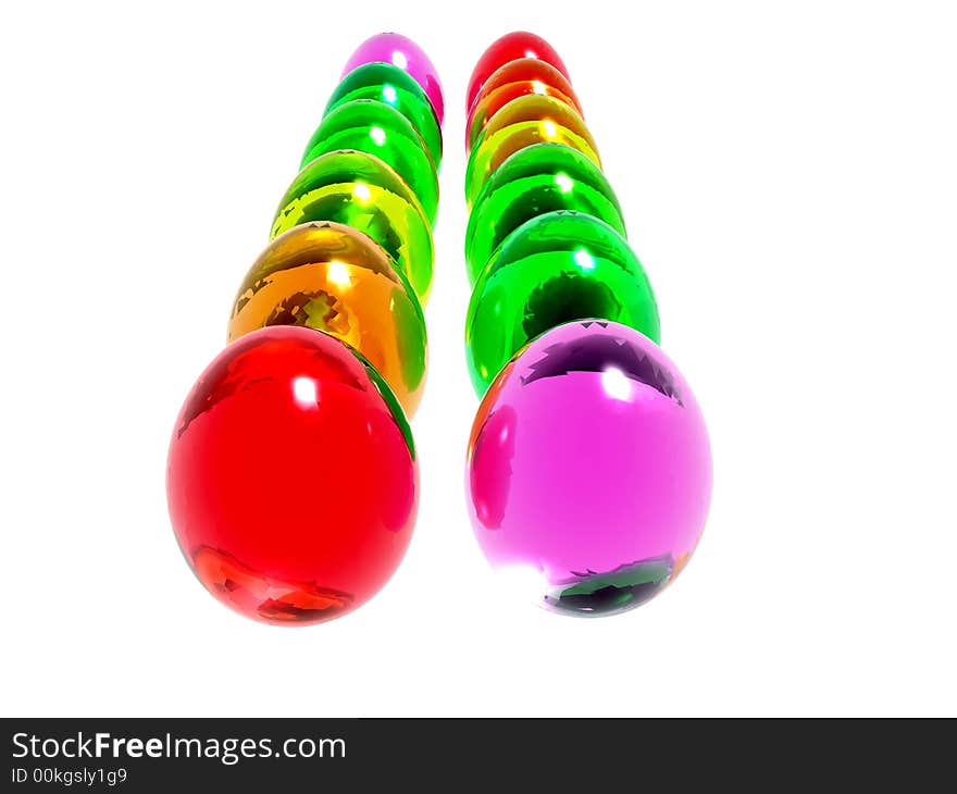 Brightly colored Easter eggs on a reflective surface. Brightly colored Easter eggs on a reflective surface.