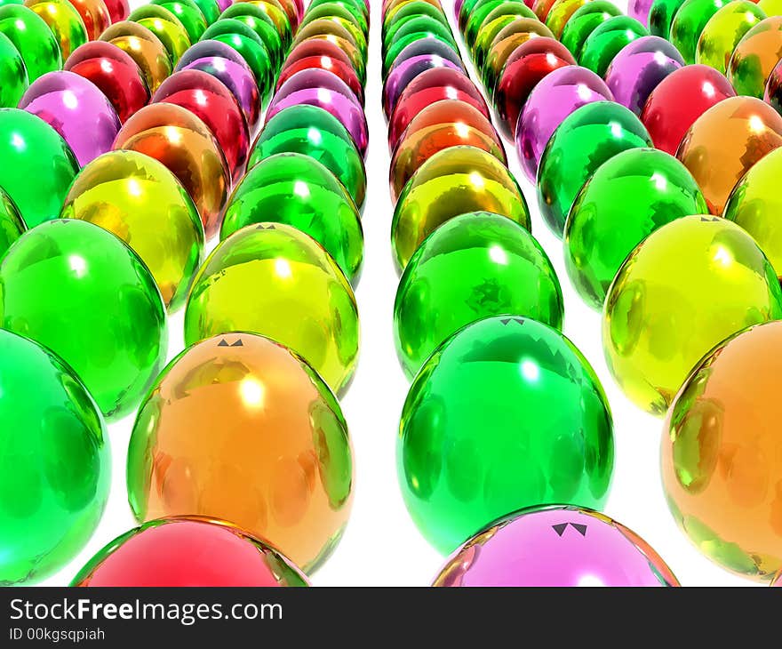 Brightly colored Easter eggs on a reflective surface. Brightly colored Easter eggs on a reflective surface.