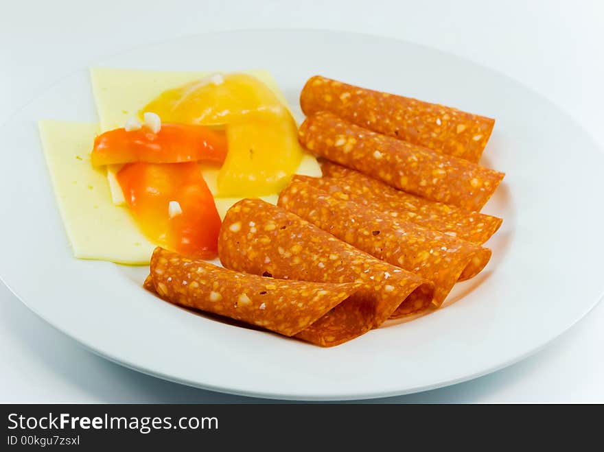 Breakfast with Sausage,Cheese ,red and yellow pepper.