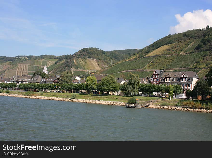 German village and vineyards along the Rhine River.