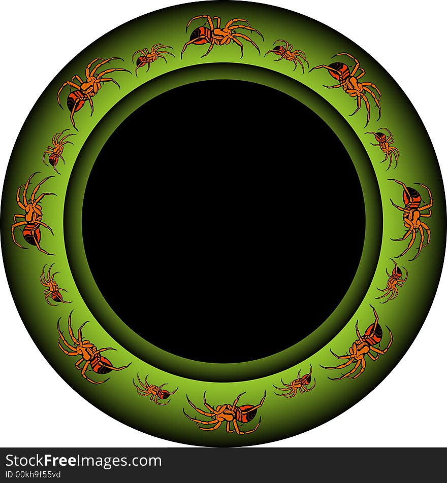 A round frame with a green glowing border and spiders around. In the middle a black frame for filling. Also available as Illustrator-file. A round frame with a green glowing border and spiders around. In the middle a black frame for filling. Also available as Illustrator-file