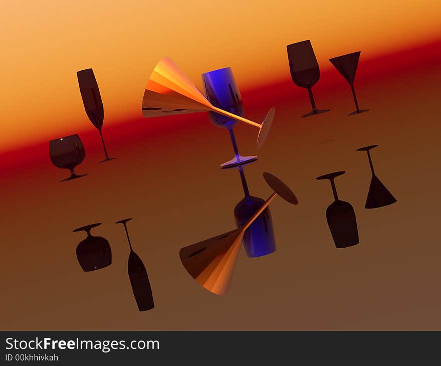 Various glasses in surreal orange reflective landscape. Various glasses in surreal orange reflective landscape