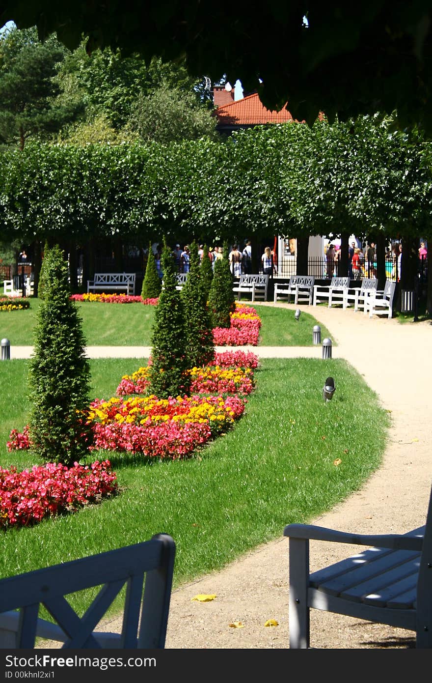 View at part of a five star hotel's park with flowers and bushes. View at part of a five star hotel's park with flowers and bushes