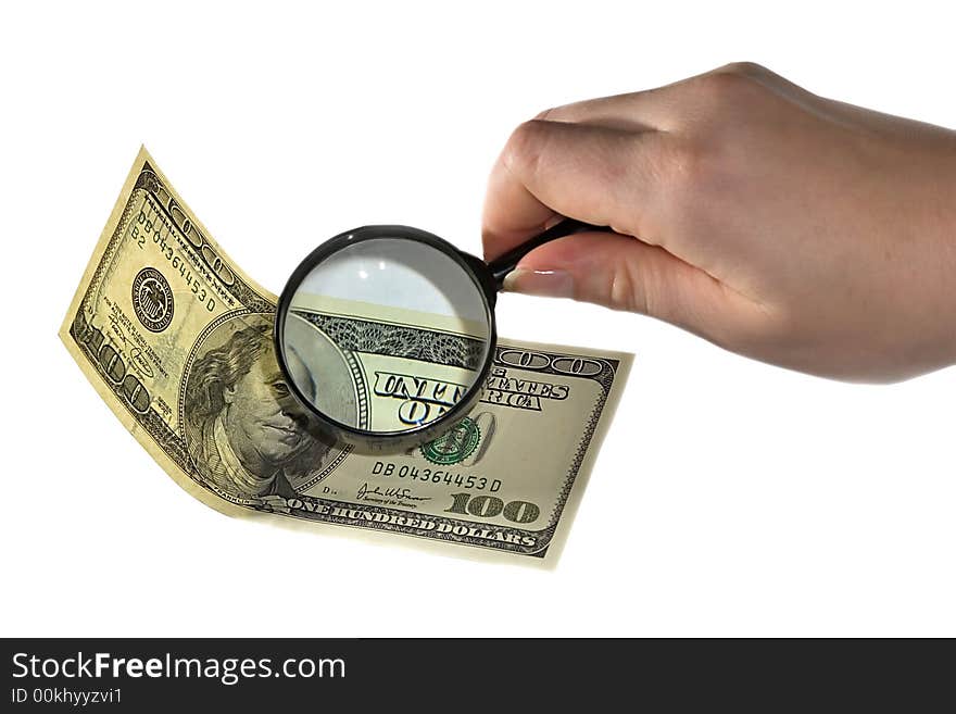 Woman hand holding magnifying and check dollar bank note. Woman hand holding magnifying and check dollar bank note