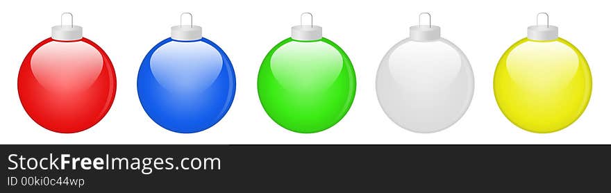 Five Christmas bauble ornaments on a white background. Five Christmas bauble ornaments on a white background.