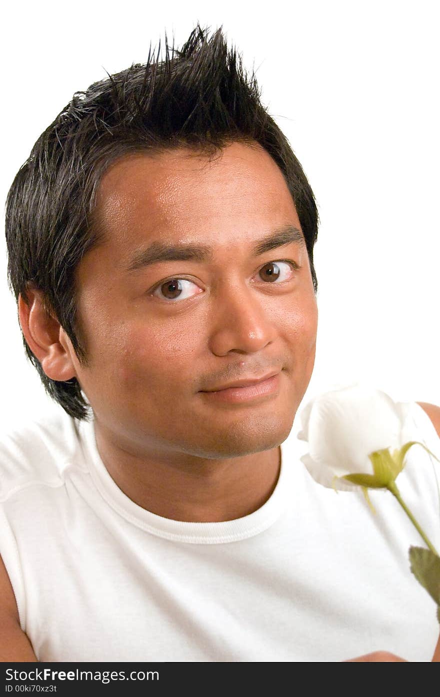 Handsome man holding a white rose. Handsome man holding a white rose