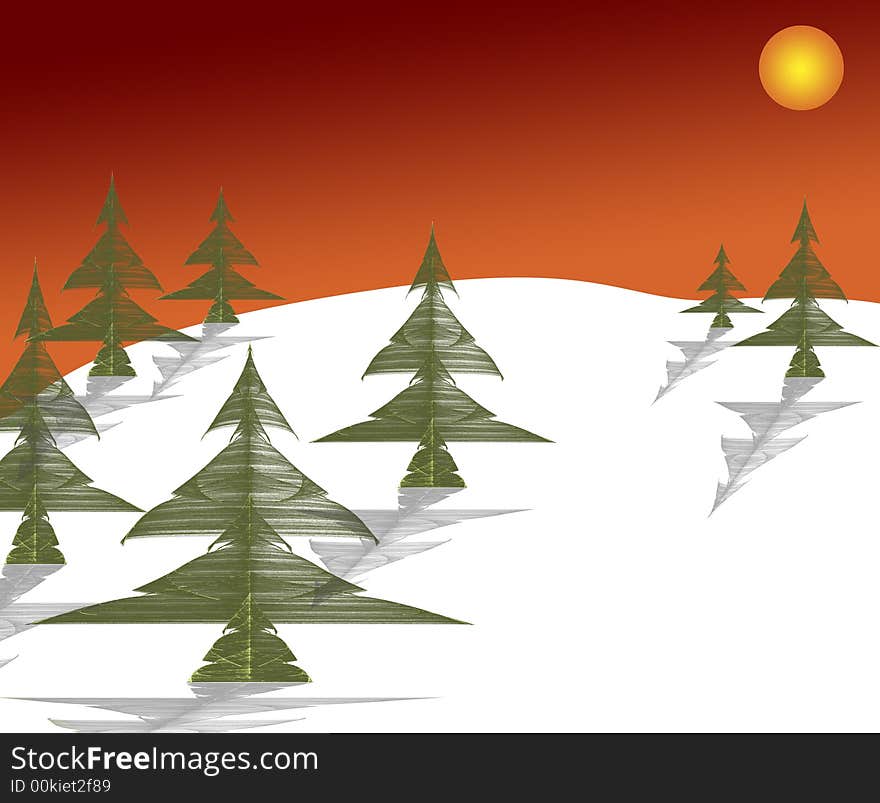 Fir trees on hill-side winter landscape with late afternoon sunset. Fir trees on hill-side winter landscape with late afternoon sunset