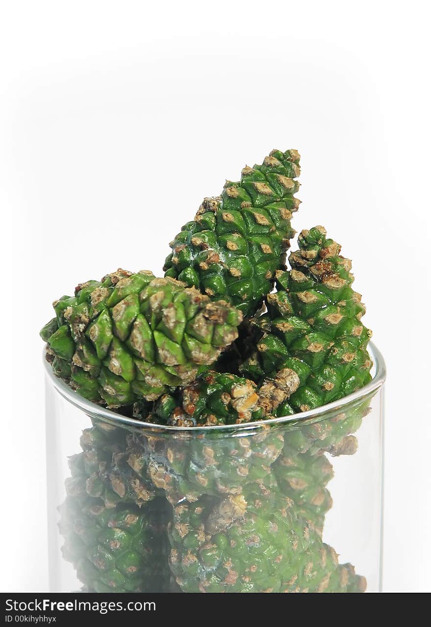 Nature, forest:  pine cones in glass bowl wite background