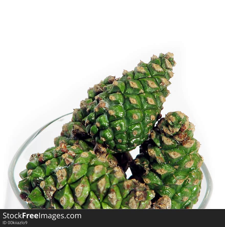 Nature, forest:  pine cones in glass bowl wite background