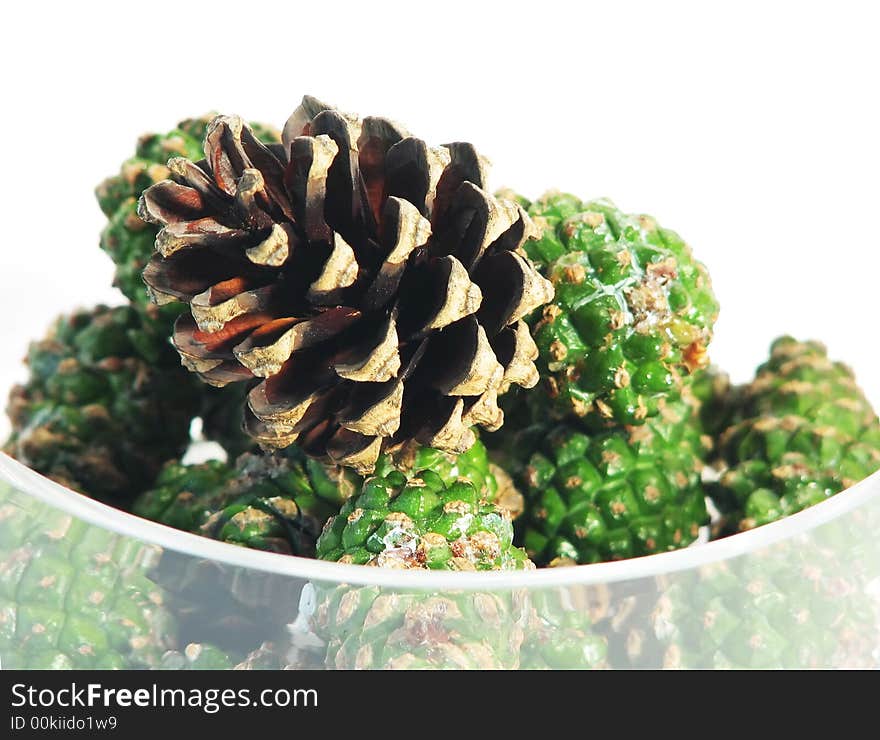 Nature, forest:  pine cones in glass bowl wite background