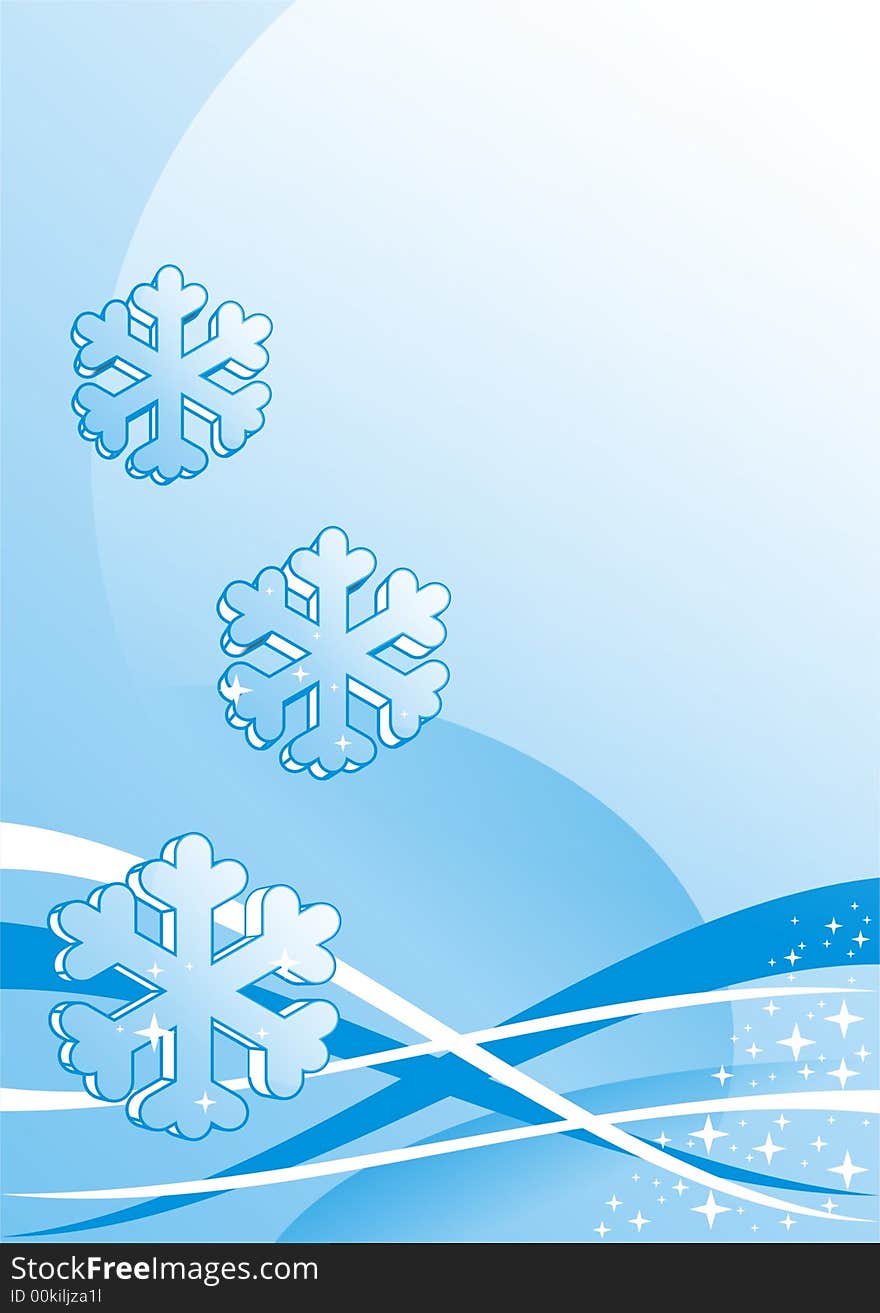 Large beautiful snowflakes on a background of blue and white lines and gradient