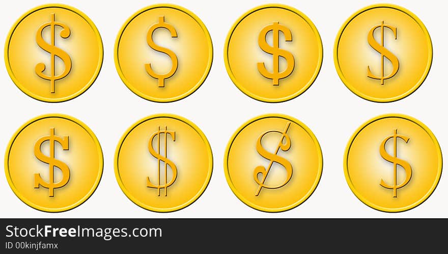 6 golden medals with the dollar sign in six different typefaces. 6 golden medals with the dollar sign in six different typefaces