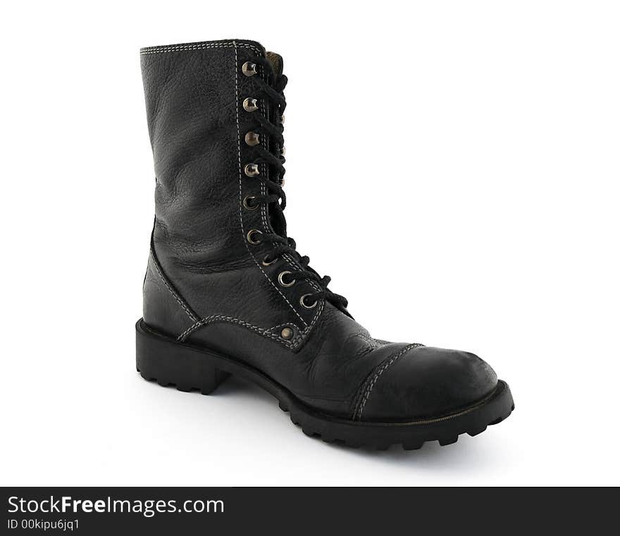 Army style black leather boot on white background.