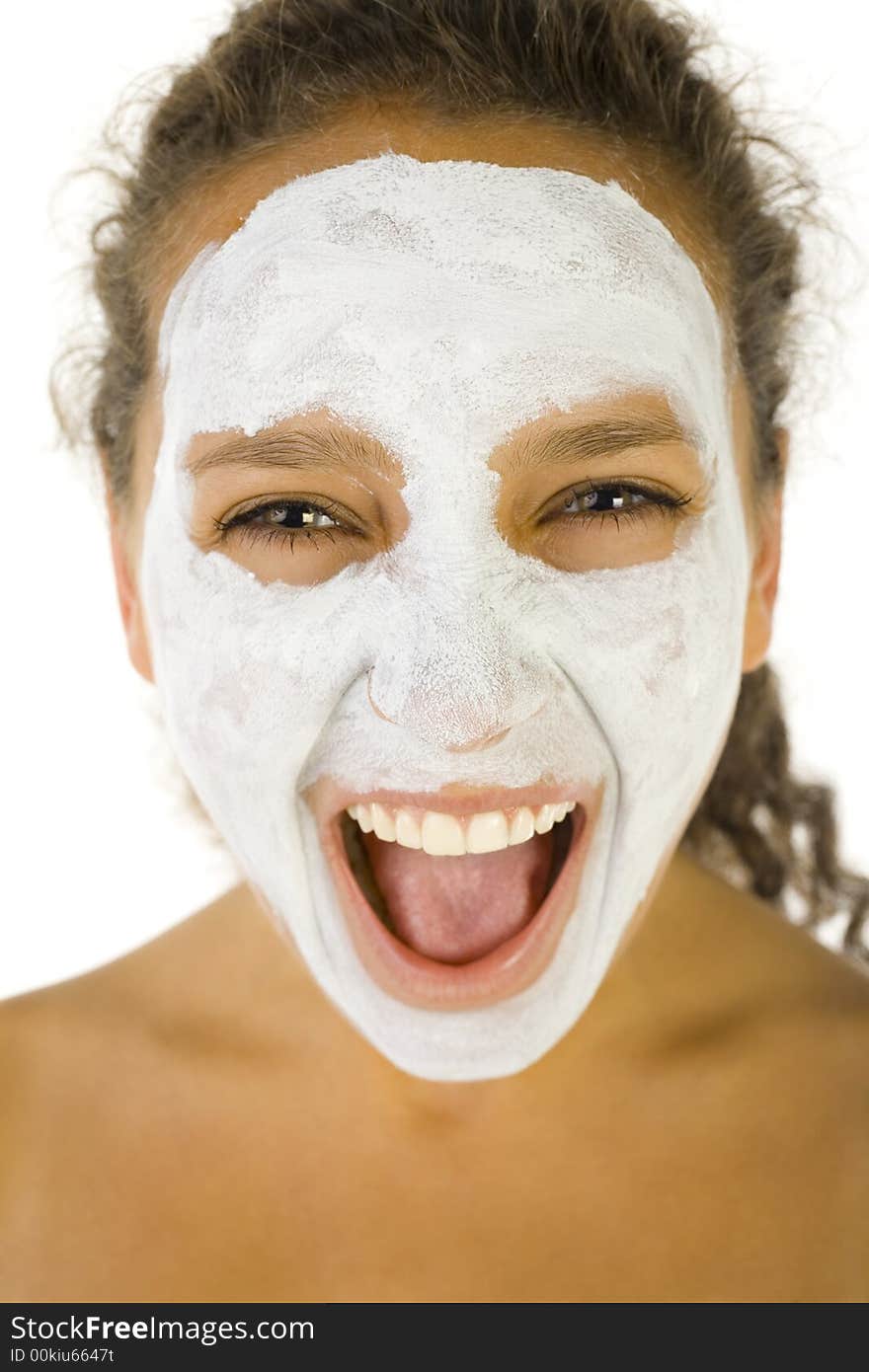 Screaming young woman with white face-mask. She's on white background. She's looking at camera. Screaming young woman with white face-mask. She's on white background. She's looking at camera.