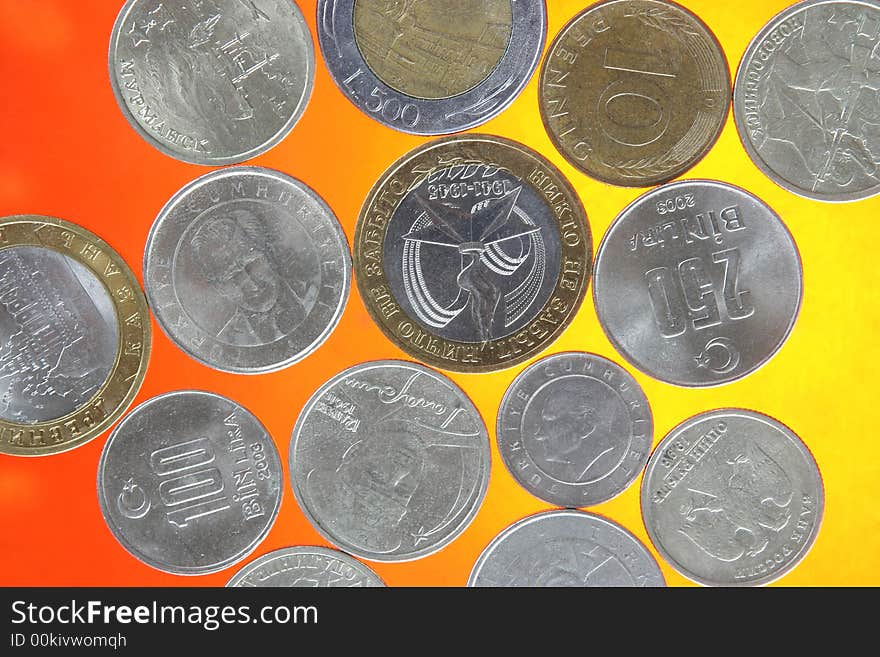 Random coins isolated on gradient background