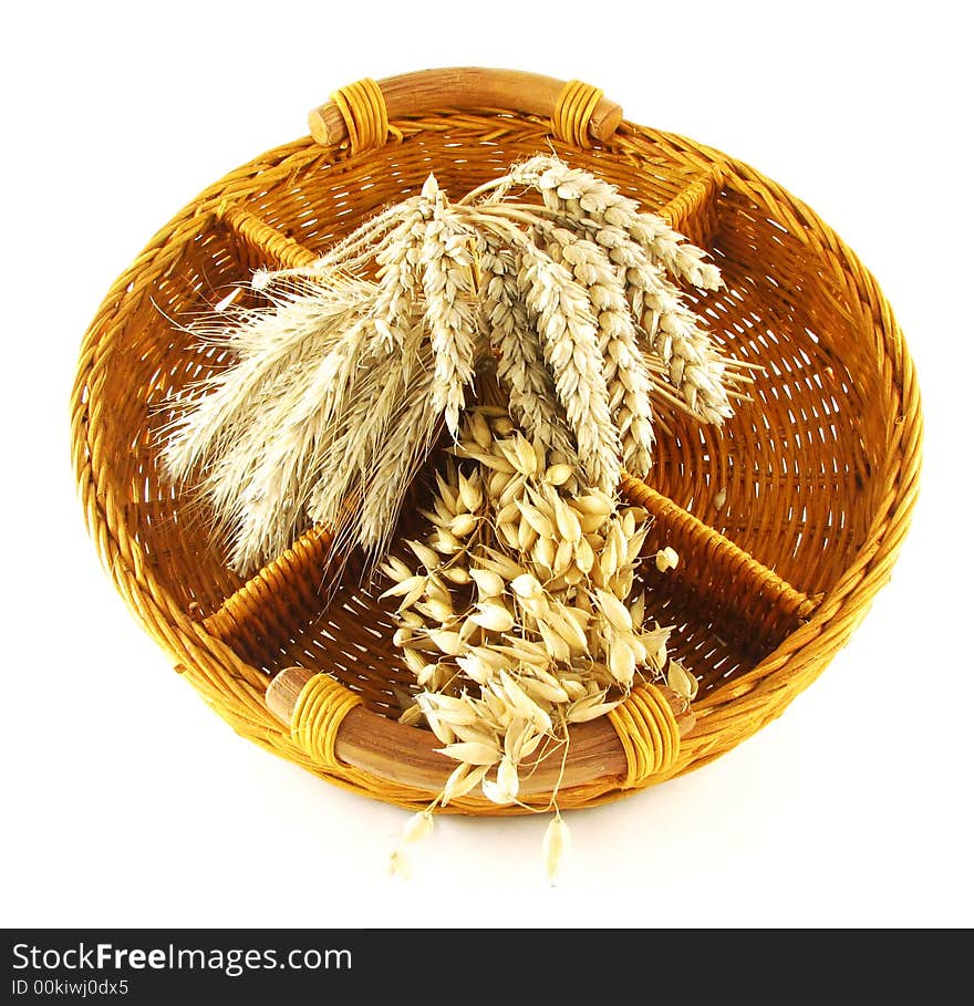 Seasonal composition: crop in basket on white background