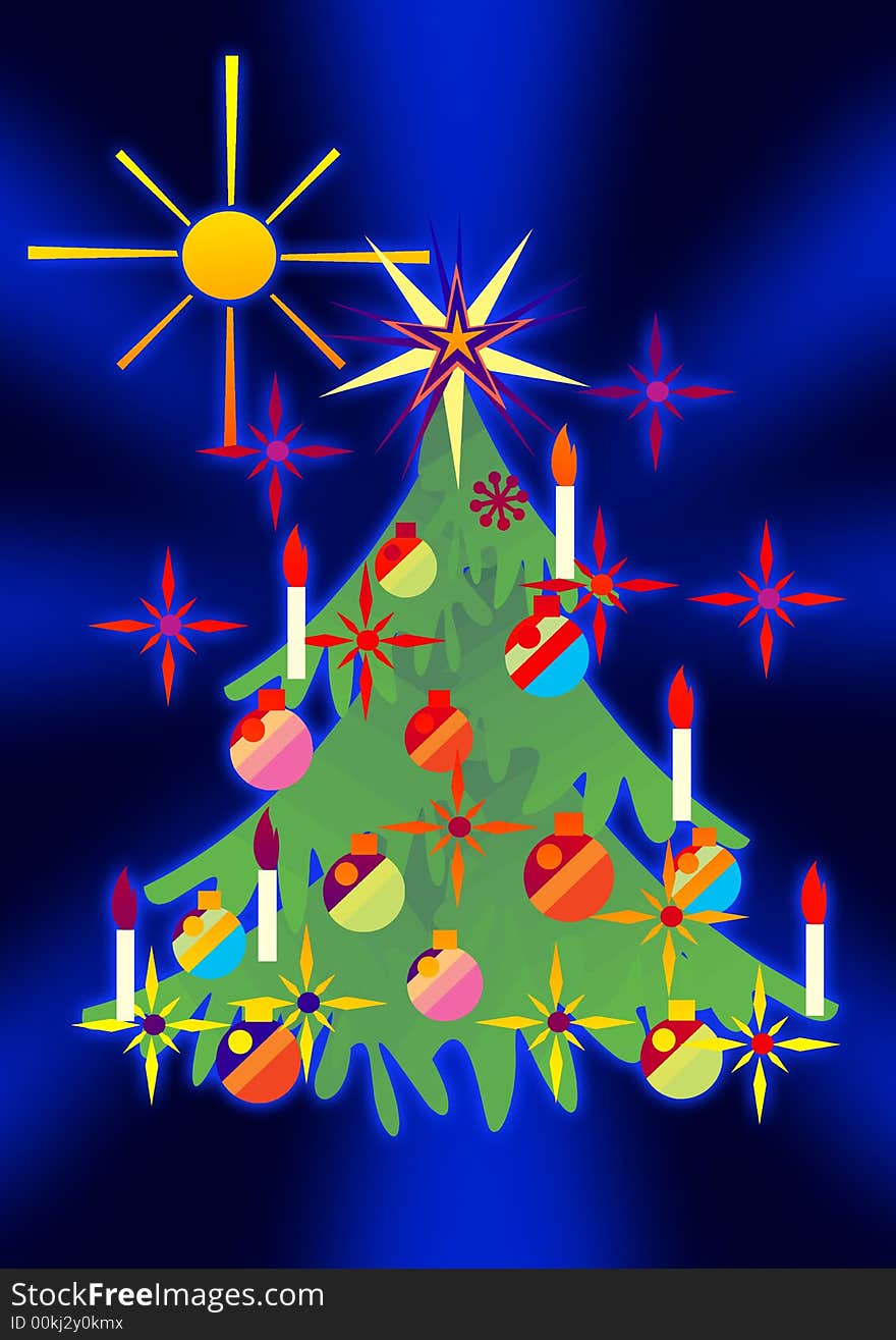 Illustration of a colorful Christmas tree and stars.