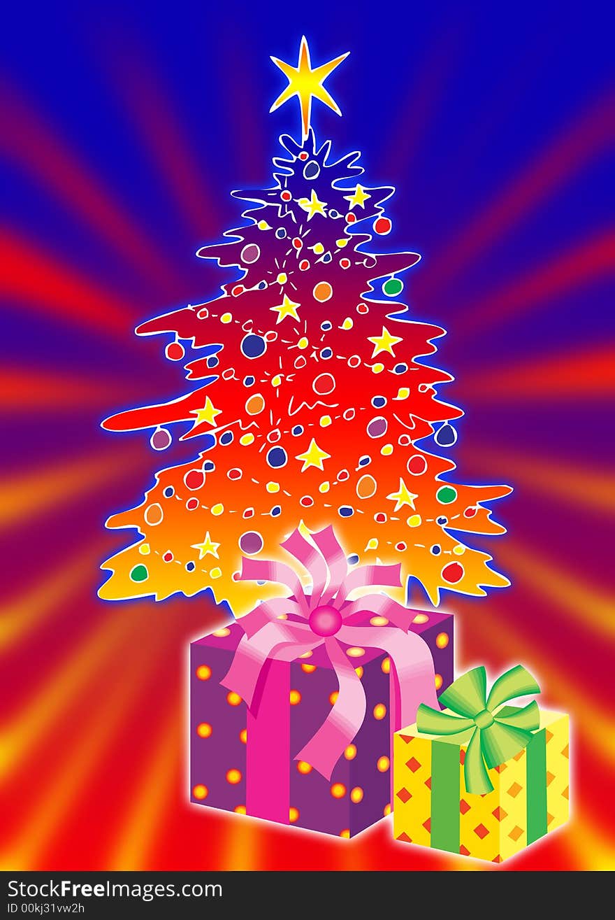 Illustration of a colorful gifts and Christmas tree. Illustration of a colorful gifts and Christmas tree.