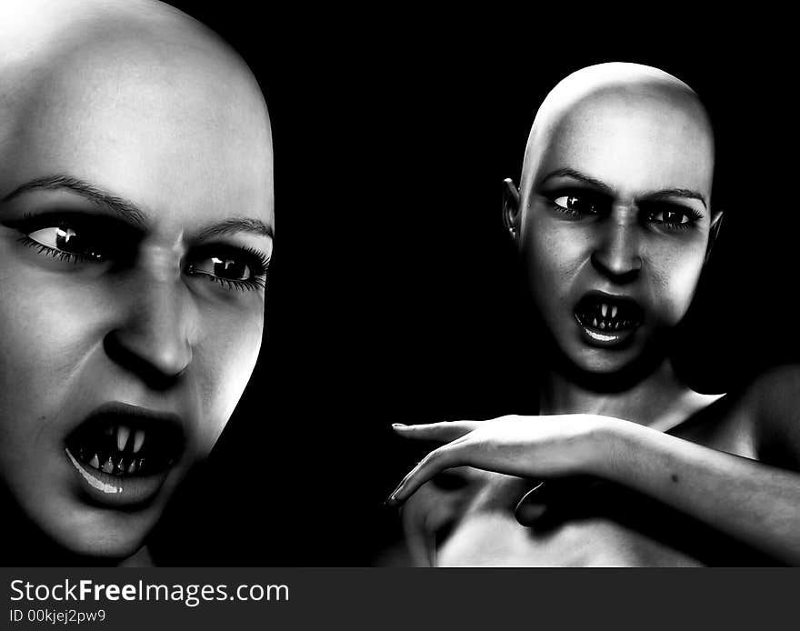 An image of two bald female vampire's that look scary and freighting and are also angry. An image of two bald female vampire's that look scary and freighting and are also angry.