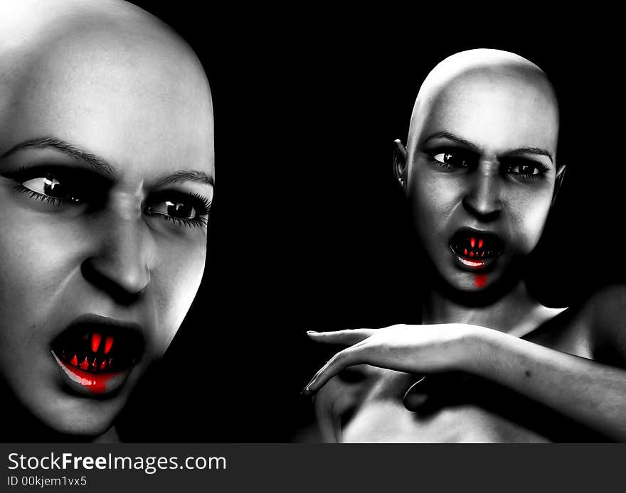 An image of two bald female vampire's that look scary and freighting and are also angry, with added blood effect. An image of two bald female vampire's that look scary and freighting and are also angry, with added blood effect.