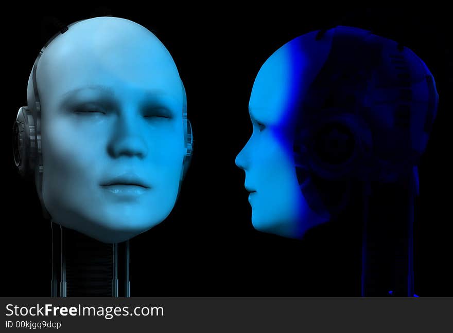 An image of two heads of technologically robotic women. An image of two heads of technologically robotic women.