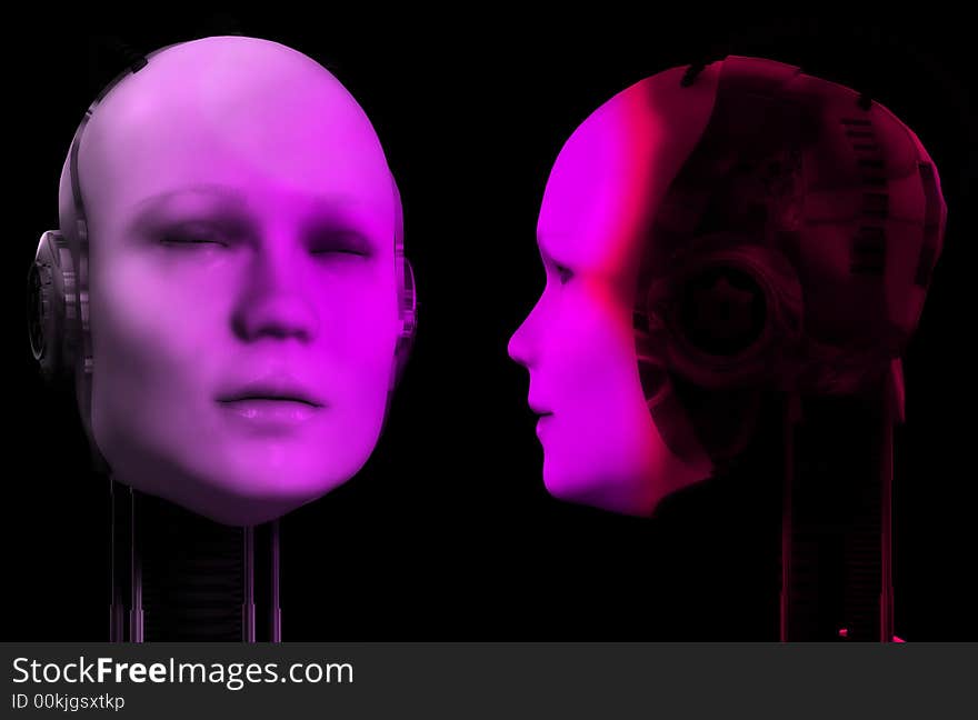 An image of two heads of technologically robotic women. An image of two heads of technologically robotic women.