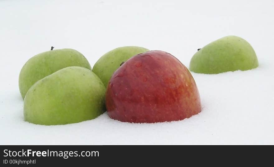 Green and red apples are laying on clear snow. Green and red apples are laying on clear snow