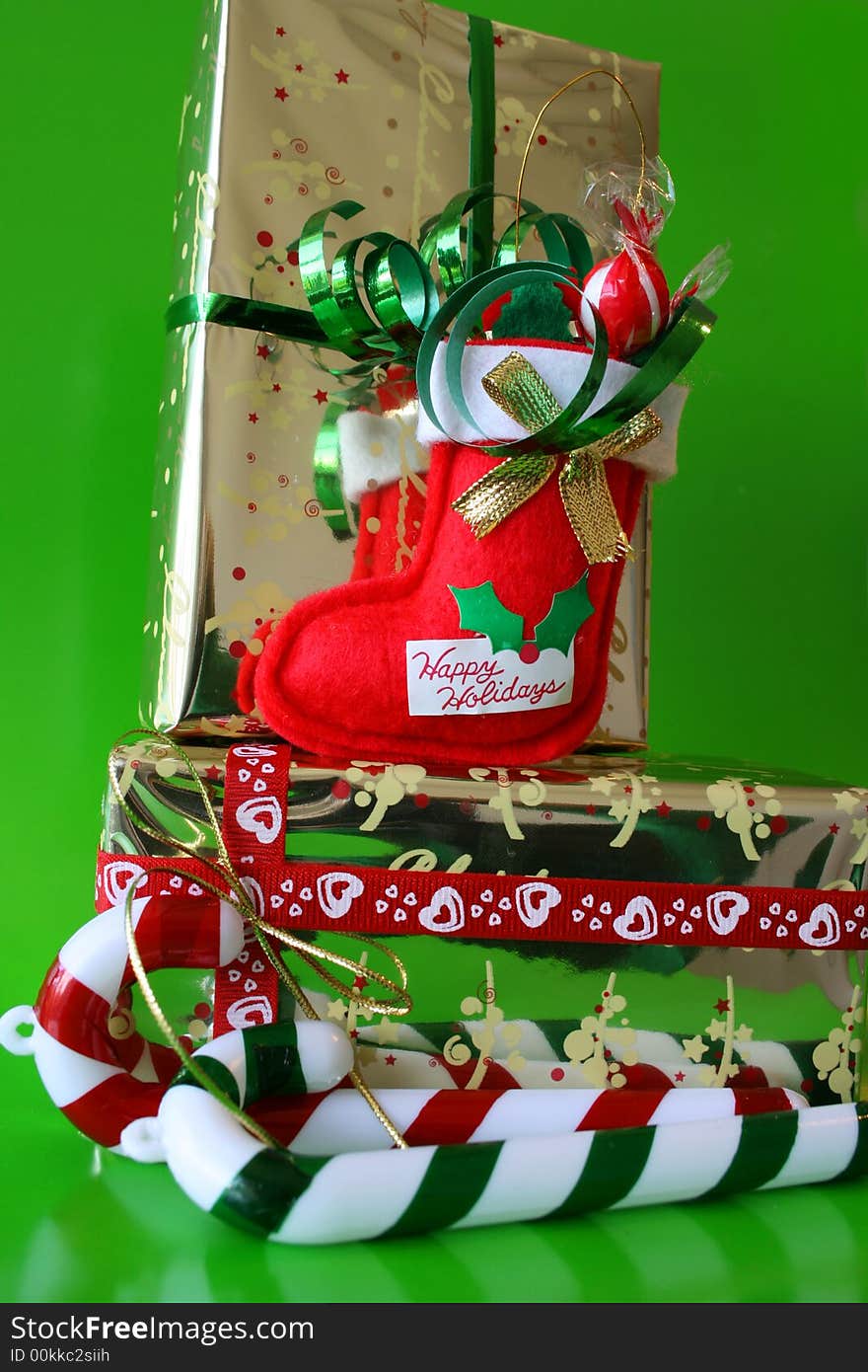 Christmas Decorations and Candy sticks with a stocking. Christmas Decorations and Candy sticks with a stocking